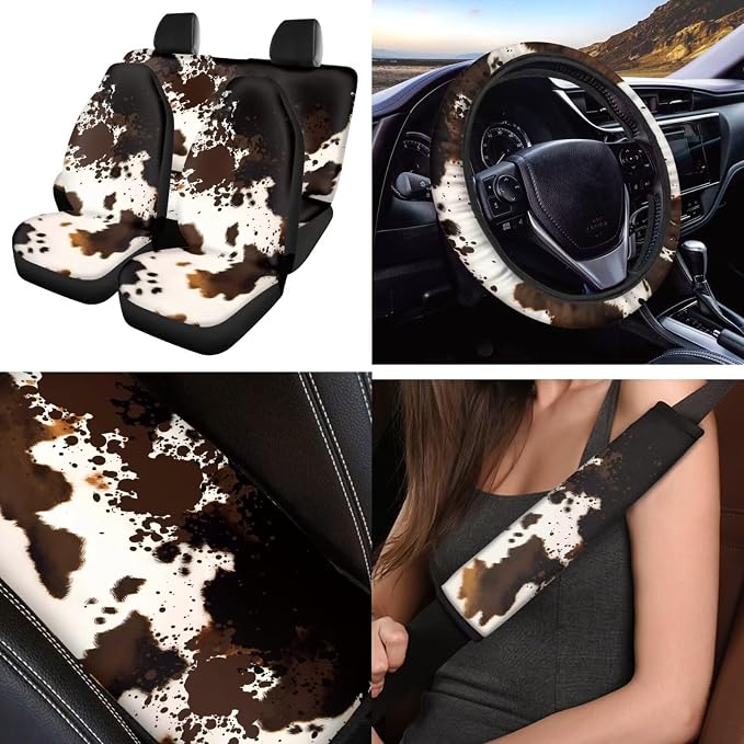 Brown Cow Print 12 Pack Car Seat Covers Full Set with Steering Wheel Accessories Car Seat Belt Cover Arm Rest Cover Car Cup Coasters Universal Fit for Most Cars,SUVs