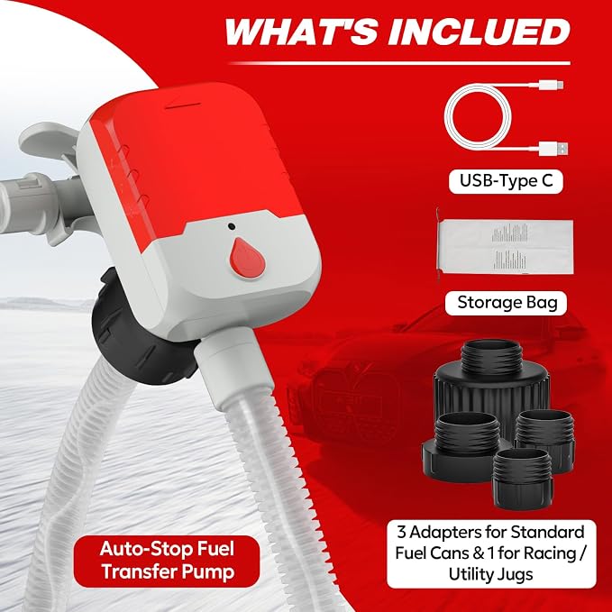 Keimi Portable Fuel Transfer Pump with Auto-Stop, 3.8 Gallon per Min, 51" Extra Long Hose, Battery & USB Powered, 4 Can Adapters, Leak-proof Gas Pump for Oil, Diesel and Gasoline