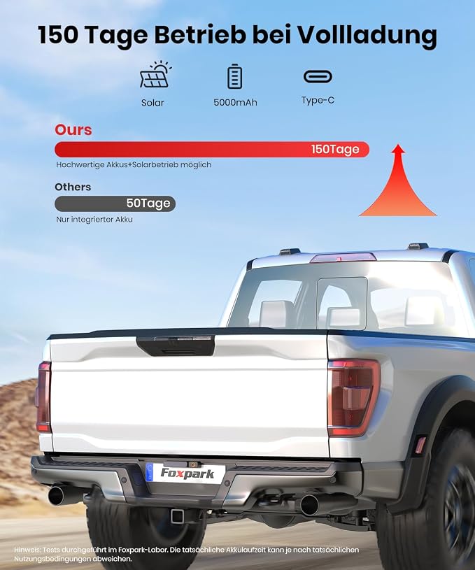 Foxpark Wireless Solar Reversing Camera: Two-Minute Quick Installation & HD 1080P with 5 Inch Monitor, Powerful Night Vision, IP69K Car Waterproof Reversing Camera Radio Set for Motorhome, Truck