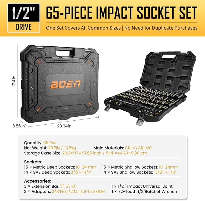 BOEN 1/2" Drive Impact Socket Set, 65-Piece Standard SAE (3/8" to 1-1/4") & Metric (10mm-24mm) Deep & Shallow Socket with Paint-Filled Markings, Includes Extensions, Ratchet, Adapter & Universal Joint