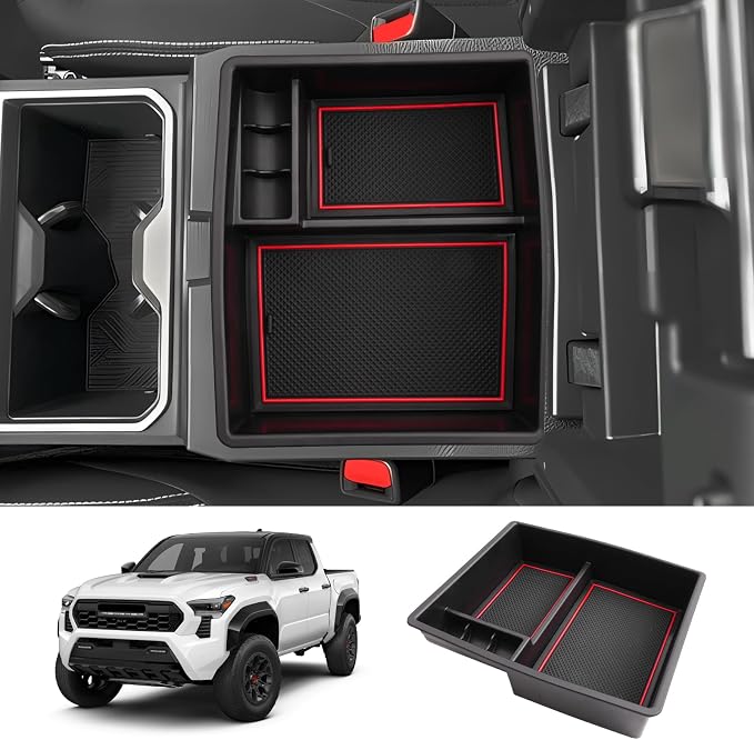LUWU 2025 2026 Tacoma Center Console Organizer Fit for 2024 2025 2026 Tacoma Accessories Armrest Storage Box Armrest Organizer Insert Tray Armrest Console Organizer (Red)