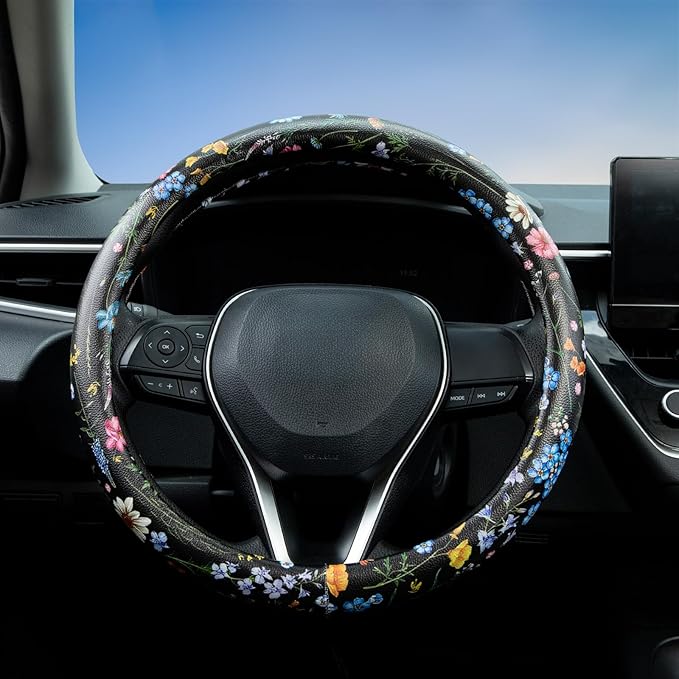 Multicolor Wildflower Steering Wheel Cover Auto Jacquard Steering Wheel Protector, Anti-Slip, Breathable, Absorbing Sweat, Universal Car Accessories 14.5–15 inch,Fit for Most Car, Trucks, SUV