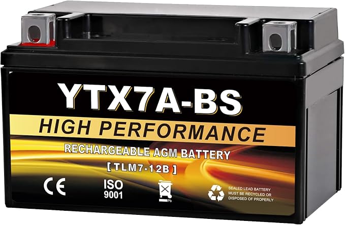 YTX7A-BS 12V 6Ah AGM Sealed Motorcycle Battery, Maintenance-Free, Compatible with GY6 50CC 125CC Scooters & Mopeds