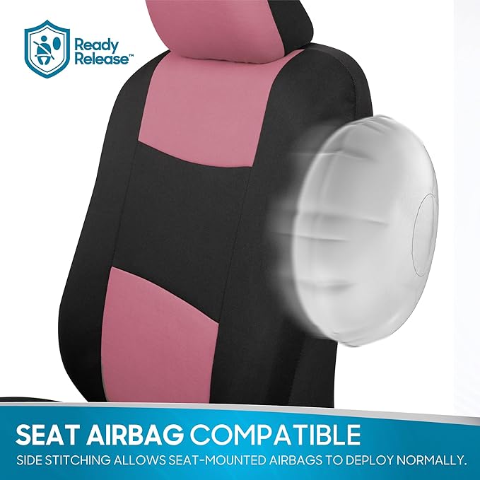 BDK PolyPro Car Seat Covers Full Set in Pink on Black, Front and Rear Split Bench Seat Covers for Cars, Easy to Install Car Seats Cover Set and Accessories for Auto Trucks Van SUV - Pink