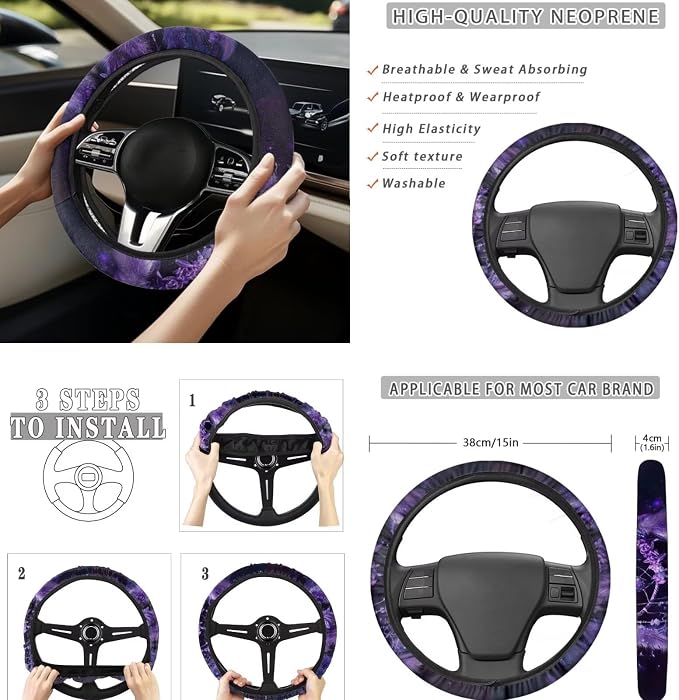 Purple Dream Catcher Butterfly Car Seat Covers Full Set 8 Pcs Car Accessories for Women Front Seat Cover Steering Wheel Armrest Cover Seat Belt Cover for Auto SUV Interior Decoration