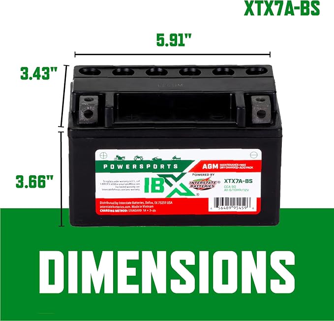 Interstate Batteries YTX7A-BS 12V 6Ah Powersports Battery 90CCA AGM Rechargeable Replacement Battery for Kasea, Aprilia, Kymco, ATVs, Motorcycles, Scooters (XTX7A-BS)