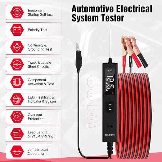 Power Circuit Probe Tester,OBDMONSTER V100 Circuit Tester, 0-80V DC Test Light Automotive Short Circuit Finder, Auto Electrical Circuit Tester, Car Fuse Tester, Automotive Tool（5 Meters）