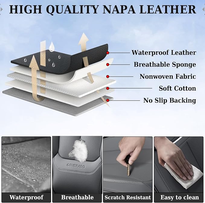 Coverado Universal Seat Covers Front, 2-Pack Waterproof Seat Covers for Cars, Universal Nappa Leather Car Seat Covers with Head Pillow, Auto Protectors Fit for Most Sedans SUV Pick-up Truck-Gray