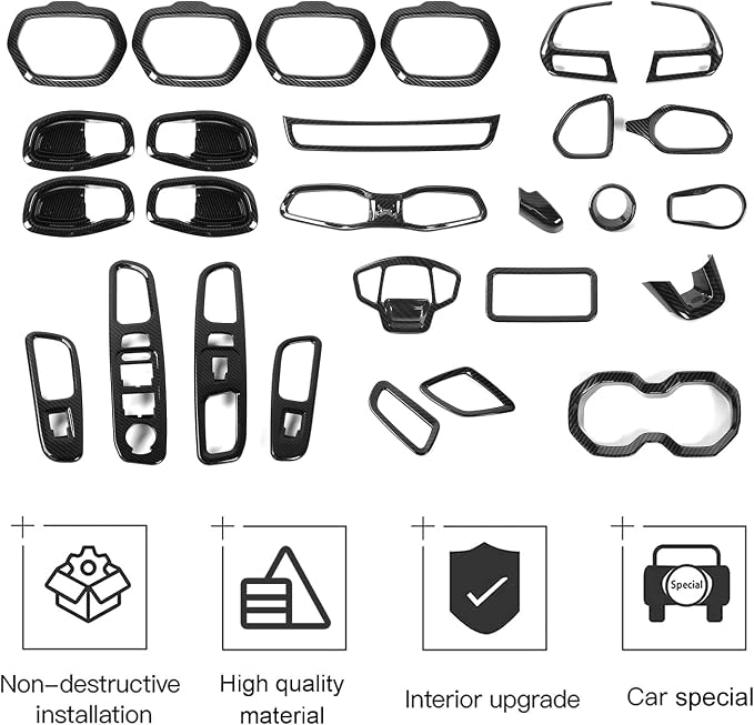 CheroCar 31 PCS Full Set Interior Decoration Trim Kit Steering Button Cover Door Handle Cover Air Outlet Cover Cup Holder Gear Cover Trim Door Speaker Cover for Jeep Renegade 2016-2018,Carbon Fiber