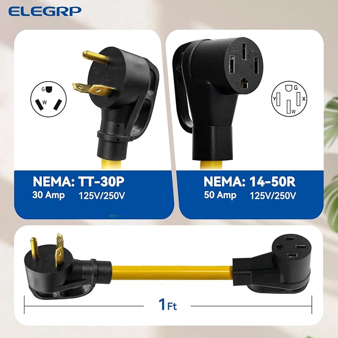 ELEGRP 30 Amp to 50 Amp RV Adapter Cord 12", NEMA TT-30P Male to 14-50R Female, Heavy Duty Dogbone Electrical Converter for Campers, Travel Trailers, Motorhomes - STW 10/3 Gauge, UL Standard Compliant