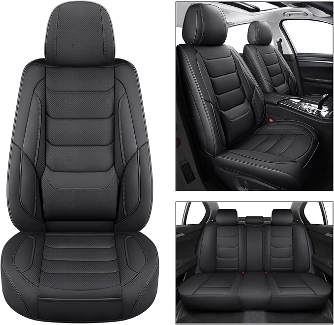 Leather Car Seat Covers Full Set Breathable Automotive Seat Protectors, Waterproof Universal Fit for Most Cars, SUVs, Trucks (Black, Full Set)