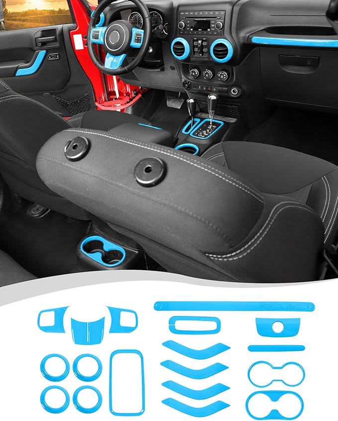 Hoolcar for Jeep Wrangler JK JKU 2011-2018 Interior Decoration Accessories Trim Kit Steering Wheel Cover Gear Shift Panel Trim Cover Water Cup Holder Cover, 4-Door, Light Blue