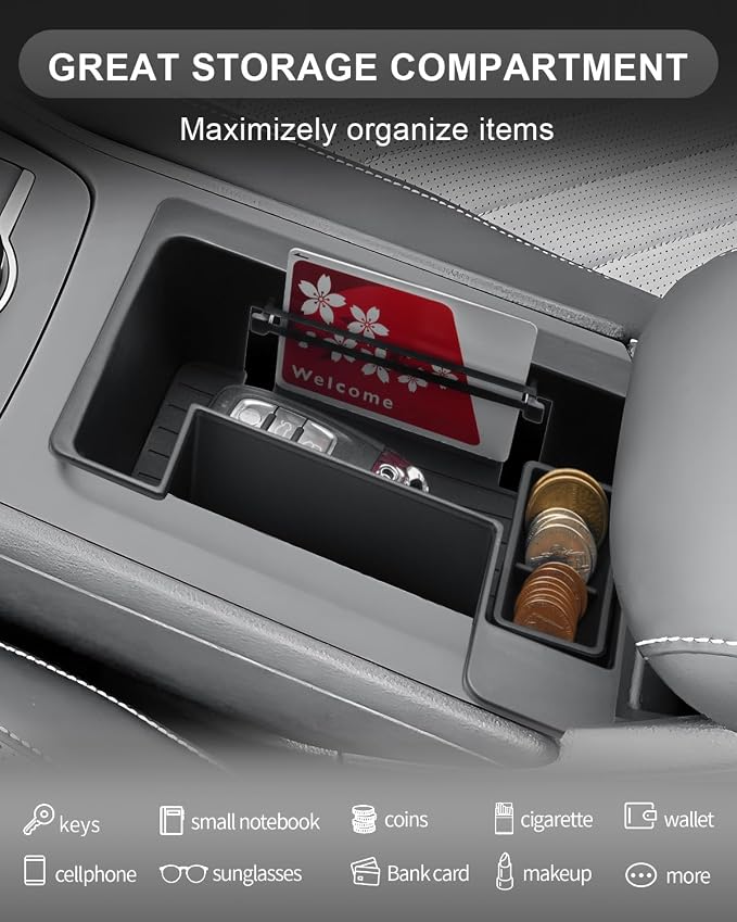 CDEFG for 2025 2026 Volkswagen Tiguan Center Console Organizer, for 2025 2026 VW Tiguan Accessories Middle Console Organizer Tray with Coin Holder Armrest Storage Box