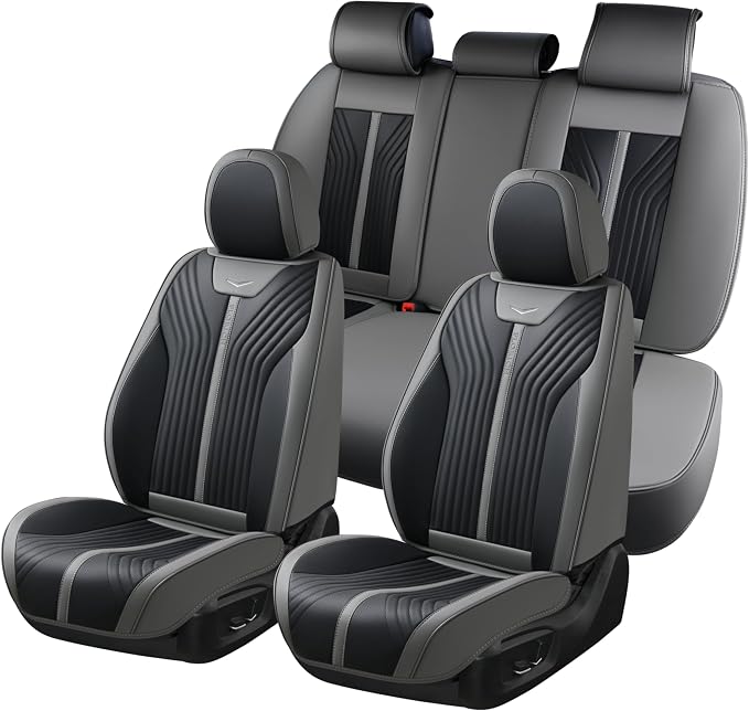 FLORICH Seat Covers for Car Waterproof Seat Cover Full Set Leather Car Seat Cushion Universal Carseat Cover Front and Rear Fit for Most Cars Trucks SUV, Gray&Black