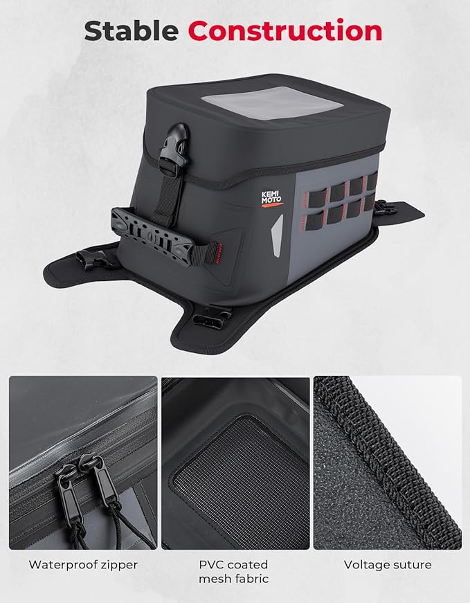 KEMIMOTO Motorcycle Tank Bag, PVC Waterproof Adventure Storage Tank Bag with Straps, High Sensitivity Touch Screen, Black 8L