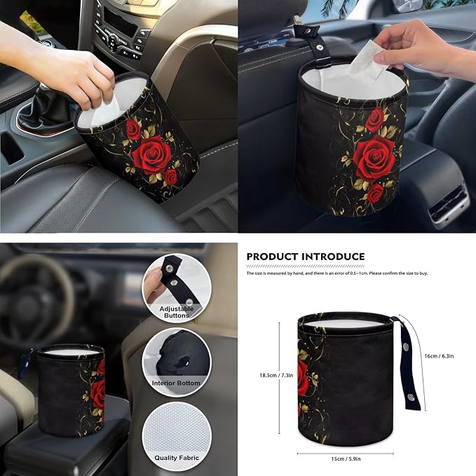 Red Rose Car Seat Covers Full Set for Women Cute Car Accessories Seat Cover with Wheel Cover Seatbelt Covers Car Coasters Trash Bag Rearview Mirror Cover Keychain