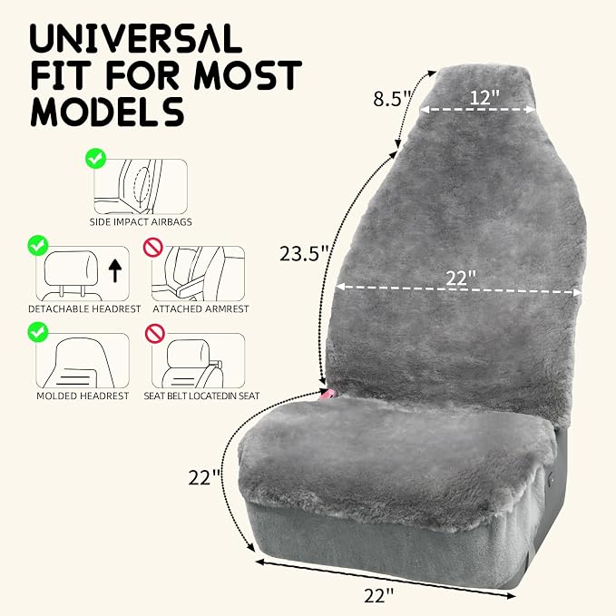 Aegis Cover Sheepskin Seat Cover Genuine Australian Merino Wool Front Seat Cover Luxury Dense Pelt Universal Fit for Most Cars, SUVs, Trucks, Bucket-Style, 54 X 22 Inches (Grey)