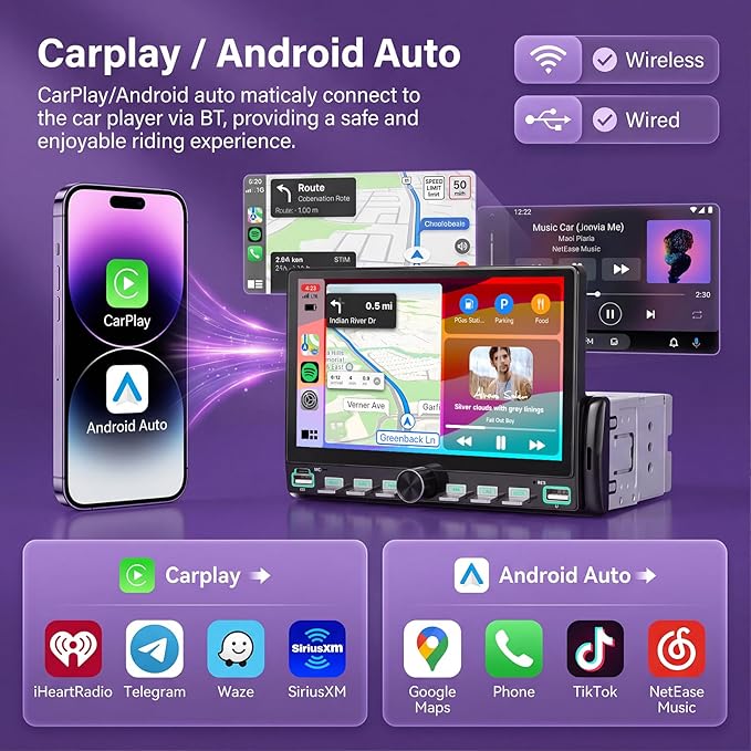 Single Din Car Stereo with Wireless A-pple Carplay Android Auto You-Tube, 7" IPS Touch Screen Car Radio 1 Din with Piano Keys Support Backup Camera Mirror Link Bluetooth FM USB EQ SWC