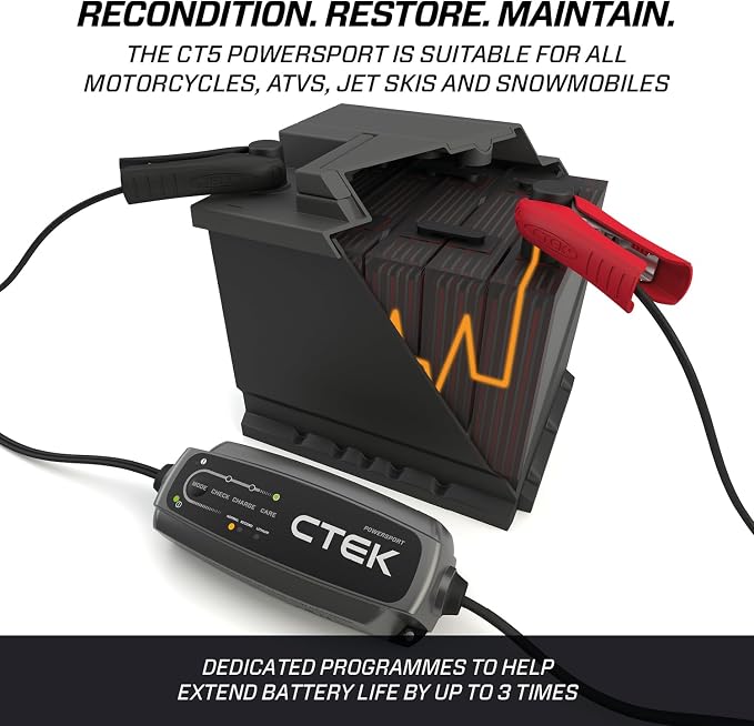 CTEK 40-339 CT5 12V Smart Battery Charger & 56-304 Comfort Connect Extension Cable Bundle – Automatic Maintainer for Lead-Acid, AGM & LiFePO4 Batteries with Extended Reach