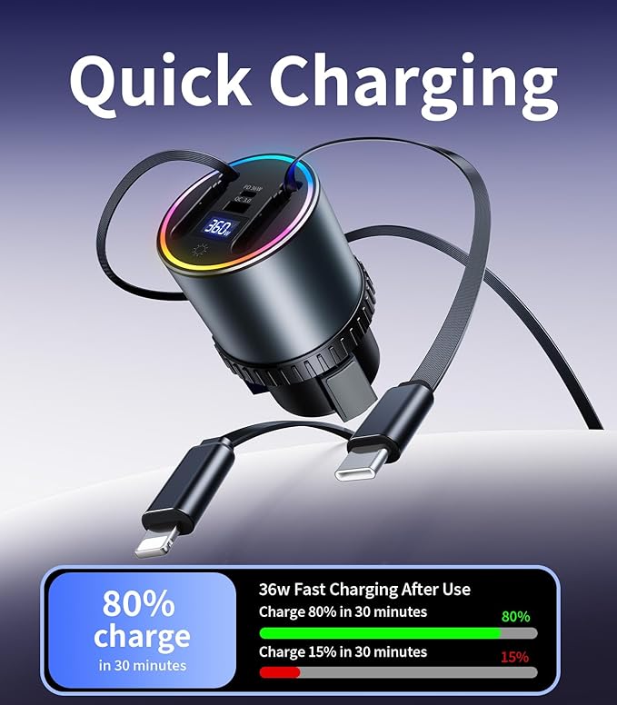 Retractable Car Charger USB Hub with RGB Light, 4 Port Car Charging Station Cigarette Lighter Adapter, Travel Essentials Car Accessories Gadgets for Men Gifts for iPhone 17 16 15 14 13 Pro Max