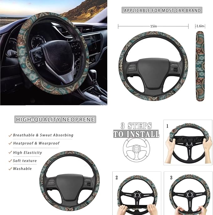 Suobstales Boho Car Accessories for Women Men Dog Paw Print Seat Covers for Car, Trucks, SUV Full Set Interior Cover Seat Protectors with Steering Wheel Cover,Seat Belt Pads,Coaster,Keychains