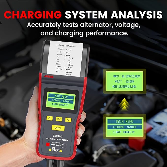 ANCEL BST500 Car Battery Tester with Printer, 12v 24v Automotive Battery Load Tester, Cranking Charging System Analyzer, 99.99% Accuracy for Car Motorcycles Truck SUV ATV RV and More