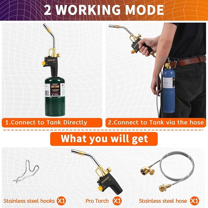 High Intensity Propane Torch Head with Hose & Cylinder Clip, Gas Torch Head Fuel by Propane,MAPP, Blow Torch Welding Torch, Trigger Start torch lighter(Fuel Not Included)