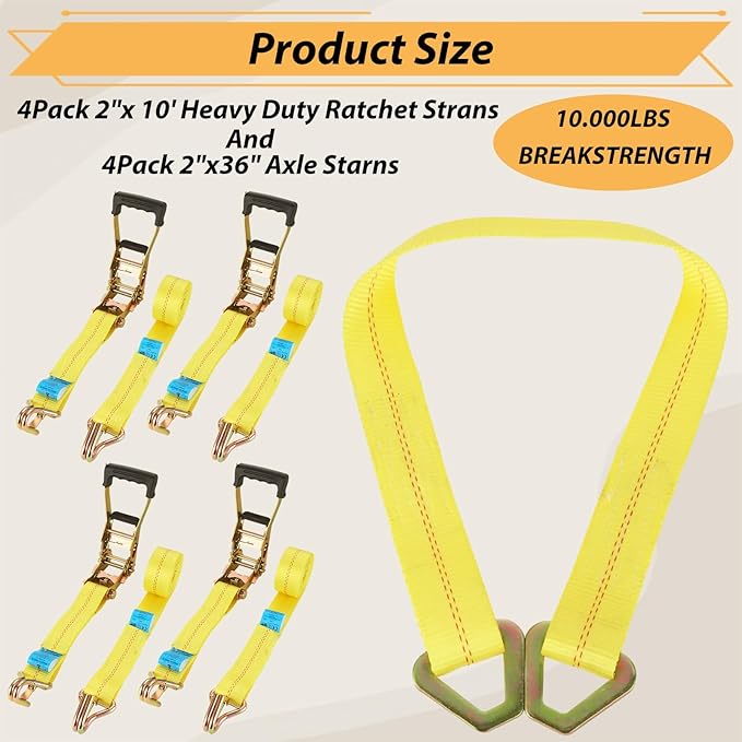 4 Set Heavy Duty Car Trailer Tie Down Straps - 2" x 10' Ratchet Straps, J-Hooks with Clip, 2" x 36'' Axle Strap for Car, Truck, UTV Transport, 10,000lbs Break Strength