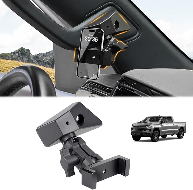 FUNY Dashboard Left Side Phone Holder Mount Compatible with 2023 2024 2025 Chevrolet Silverado & Gmc Sierra 1500, Anti-Shake Stabilizer Custom Adjustable Cell Phone Holder, Aluminum Alloy