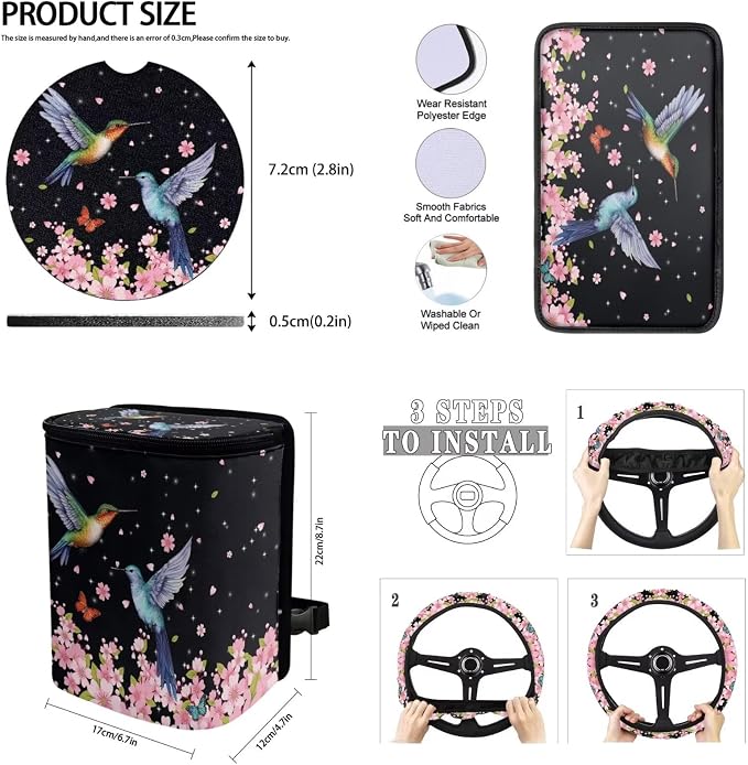 BIGCARJOB 15 Pcs Car Interior Sets for Women Car Seat Protector Vehicle Bucket Seat Cover Full Set 1Hummingbird Cherry Floral Print Trash Can Car Seat Headrest Pillow Cover Seat Belt Pads