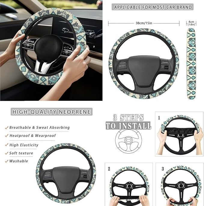 Aztec Style Print Car Seat Covers Set of 15 with Universal Steering Wheel Cover, Rearview Mirror Cover, Car Trash Can, Seatbelt Pads, Cup Holder Coasters, Keychains