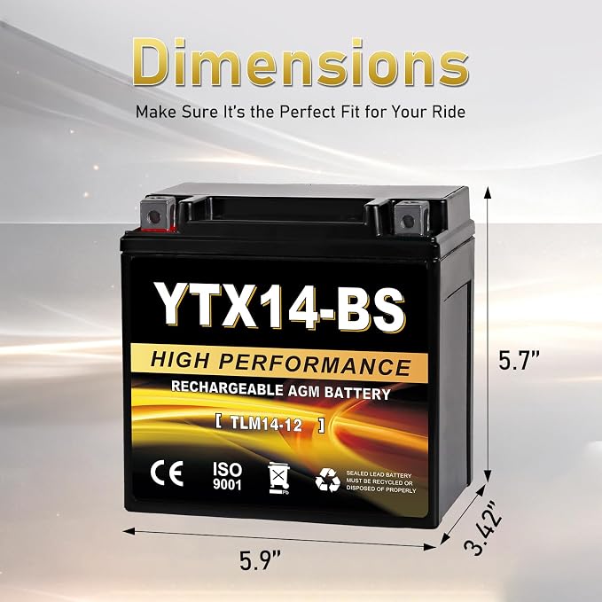YTX14-BS 12V 14Ah AGM Sealed Motorcycle Battery, Maintenance-Free, Compatible with Honda, Yamaha, Kawasaki, Suzuki, and UTVs, Jet Skis, Snowmobiles