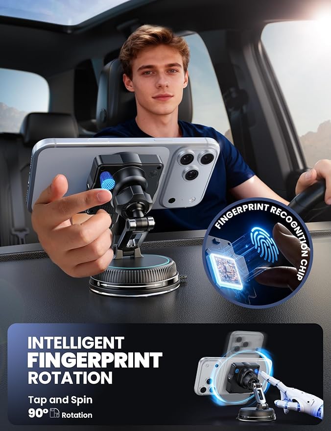JOYROOM for MagSafe Car Mount Charger, [Smart Fingerprint-Touch Rotation] 15W MagSafe Wireless Car Charger[Vacuum & Gel 360° Base] Air Vent Dashboard Set for iPhone 17 16 15 14 13 12 Series, Cyan1