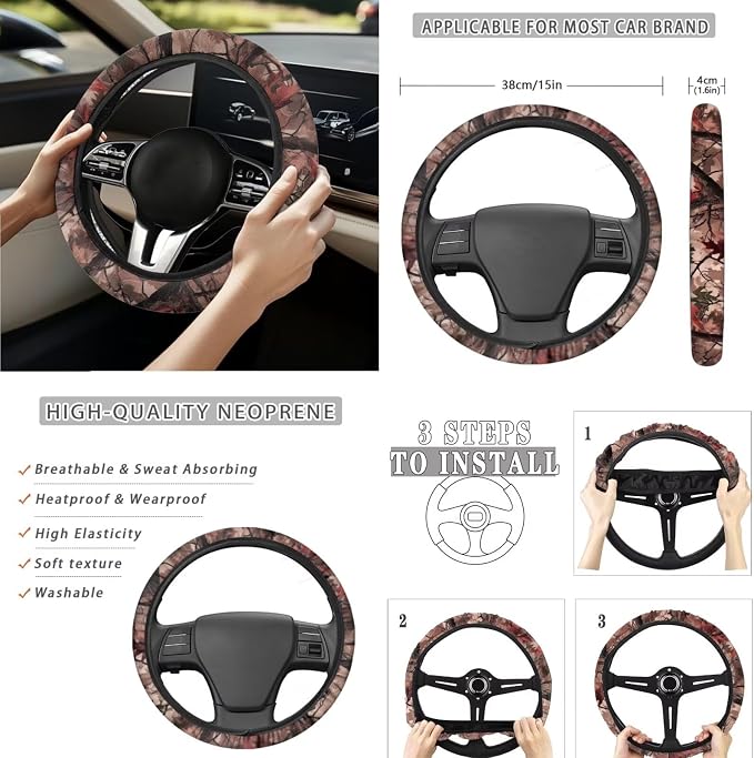 Pink Auto Interior Accessories Camo Tree Car Seat Covers with Auto Steering Wheel Cover Seat Belt Covers Car Trash Can View Mirror Cover Coaster Keychains