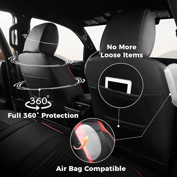 FREESOO Leather Car Seat Covers Fit for Toyota Tacoma 2016-2023 Full Coverage Seat Cover for Double/Crew Cab SR/SR5/Limited/TRD Pro/TRD Sport, Pickup Truck Seat Covers (5 Seats, BlackRed)