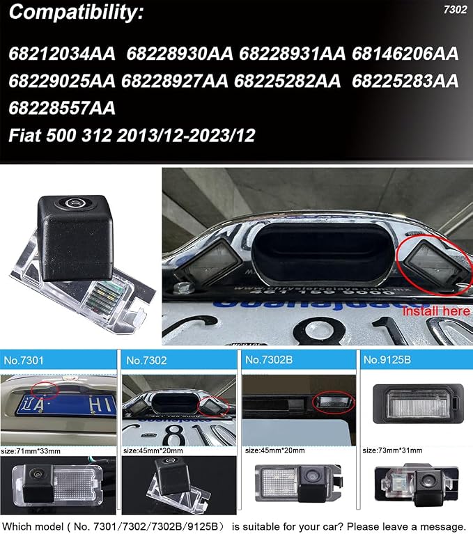 Vehicle License Plate Backup Camera,Night Vision Car Rear View Reverse Camera Replacement for Fiat 500 312 2013/12-2023/12 OEM :68225283AA 68228557AA(No.7302)