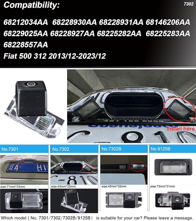 Vehicle License Plate Backup Camera,Night Vision Car Rear View Reverse Camera+4.3" inch LCD Monitor Replacement for Fiat 500 312 2013/12-2023/12 OEM :68225283AA 68228557AA(No.7302)