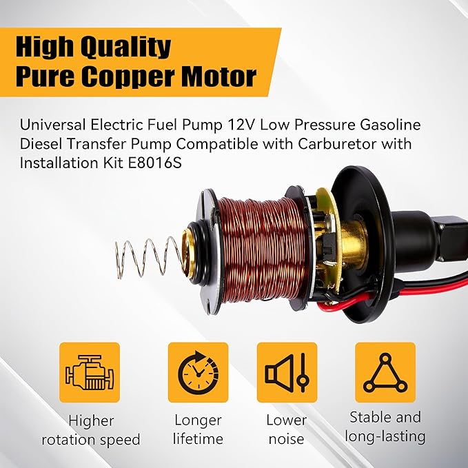 Universal Electric Fuel Pump 12V 2.5-4.5 PSI Inline External 5/16 Inch Compatiable with Gas Diesel Marine Carburetor Marine E8016S with 6.56 FT 5/16" ID Fuel Line Hose