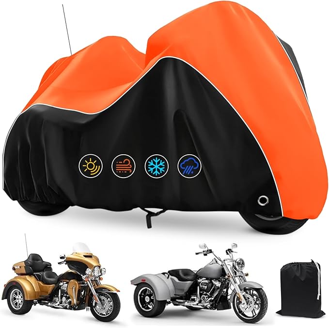 COVERVIN Trike Cover, Waterproof 3 Wheel Motorcycle Cover for Harley Honda Goldwing Freewheeler Tri Glide Ultra, with Antenna Opening, Windproof Buckles & Reflective Strips (Black&Orange)