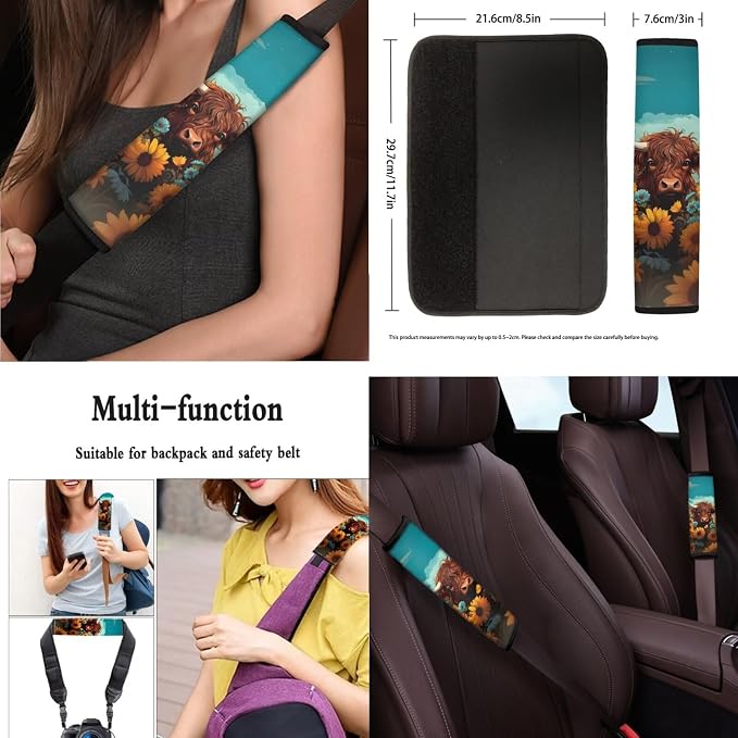Highland Cow 13 Pcs Car Seat Covers, Sunflower Universal Driver Seat Cover Protector Armrest Pad, Farm Highland Cattle Steering Wheel Armrest Cover Seatbelt Cup Mats