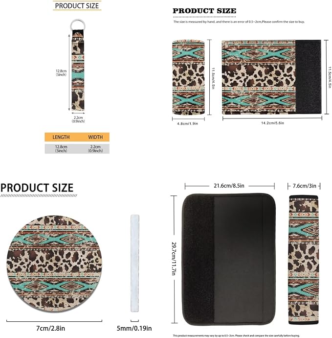 17 Pcs Aztec Cow Print Car Seat Covers Full Set with Floor Mats Steering Wheel Cover Shoulder Pads Armrest Pad Keychain Roof Gloves Cup Coaster Universal