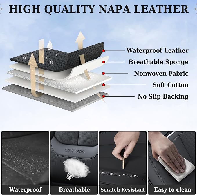 Coverado Seat Covers, Car Seat Covers Front Seats, Car Seat Cover, Car Seat Protector Waterproof, Car Seat Cushion Nappa Leather, BlackRed Seat Covers Carseat Cover Universal Fit for Most Cars