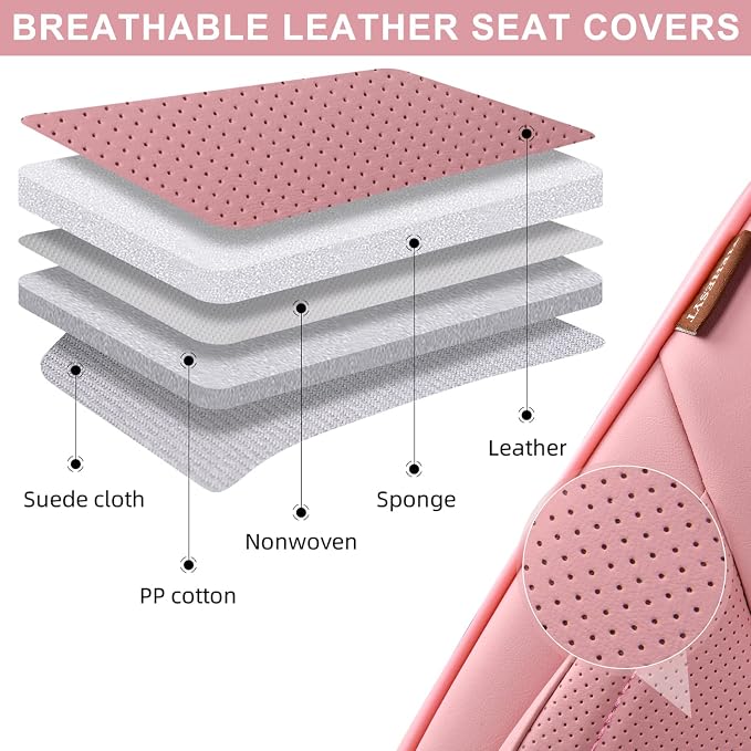 TIEHESYT Pink Car Seat Covers Full Set, Breathable Leather Automotive Front and Rear Seat Covers & Headrest for Comfortable Driving, Universal Auto Interior Fit for Most Kinds of Vehicles