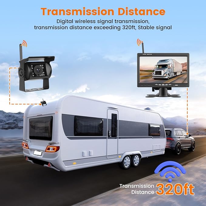 Hikity Wireless Car Rear View Camera 7 Inch Monitor Kit Screen Waterproof Reversing Camera Night Vision Rear View Camera for Truck/RV/Trailer/Bus