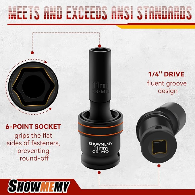 Drive Impact Universal Joint Socket Set, 6 Points, Deep Swivel Socket Set, Cr-Mo Steel. Heavy Duty Storage Case (Metric 3/8(Deep 10Pcs)