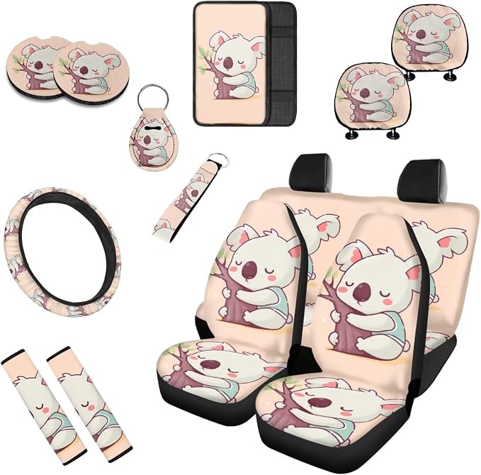 13 PCS Sleepy Koala Car Seat Covers for Women, Cartoon Koala Bear Auto Steering Wheel Cover, Australia Wildlife Animal Seat Belt Cover Armrest Pad Universal for Cars