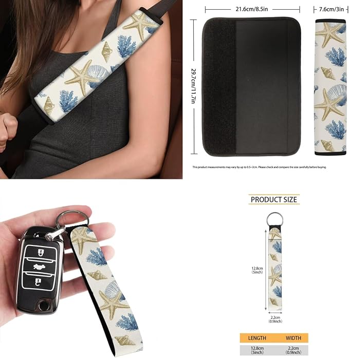 Beach Starfish 15 PCS Car Seat Cover Set with Auto Steering Wheel Cover Seat Belt Strap Protector Cup Holder Trash Bag Rear View Mirror Protector Keychain