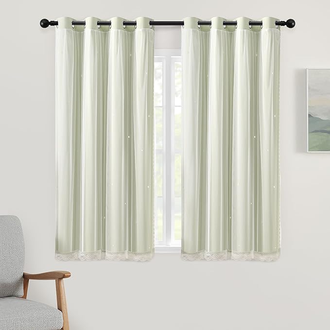 XiDi Star Blackout Sage Green Curtains for Nursery Kid Girls Bedroom Living Room 2 Panels Double Layer Thermal Insulated Star Cut Out Wall Home Decor Grommet Short Window Curtains Kitchen 52x45