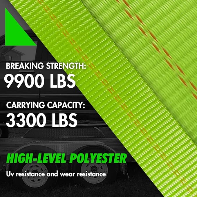 Car Tie Down Straps for Trailers- 4 Pack 2"x96" with Tire Strap 3,300lb Safe Working Load - Adjustable Straps with Snap Hooks (Green)