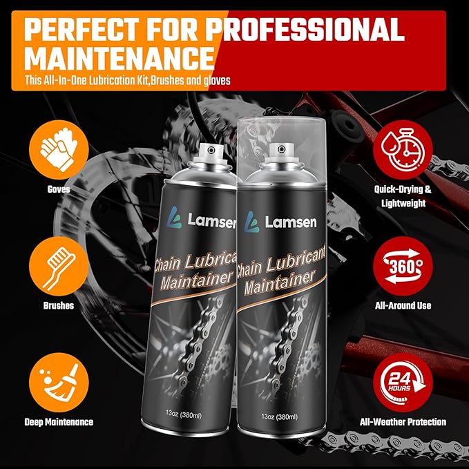 Chain Lube, Chain Lube Spray Can, Professional Chain Maintenance Kit, Motorcycle Lubrication Set with Chain Oil 13oz 2 Can Including Brushes and Gloves for Caring All Bicycles
